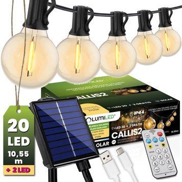 Сонячна садова декоративна гірлянда 20 LED-ліхтариків + 2шт в подарунок, 10.55 м, тепле світло 2700 K, IP44, з пультом, зарядка USB, Lumiled Callis2 LUMSOL0040 фото