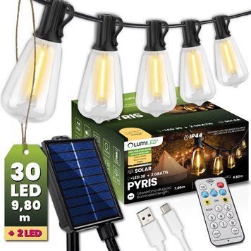 Сонячна гірлянда садова 30 LED-ліхтариків+2шт в подарунок, 9,8 м, тепле світло 2700 K, IP44, з пультом, сонячною та USB-зарядкою, Lumiled Pyris LUMSOL0100 фото