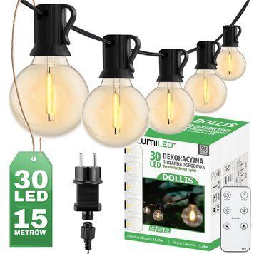 Садова гірлянда на 30 LED-ламп, 15,2 м, від мережі 230V, тепле світло 3000 K, IP44, з пультом та регулюванням яскравості, Lumiled Dollis LUMOGR0882 фото